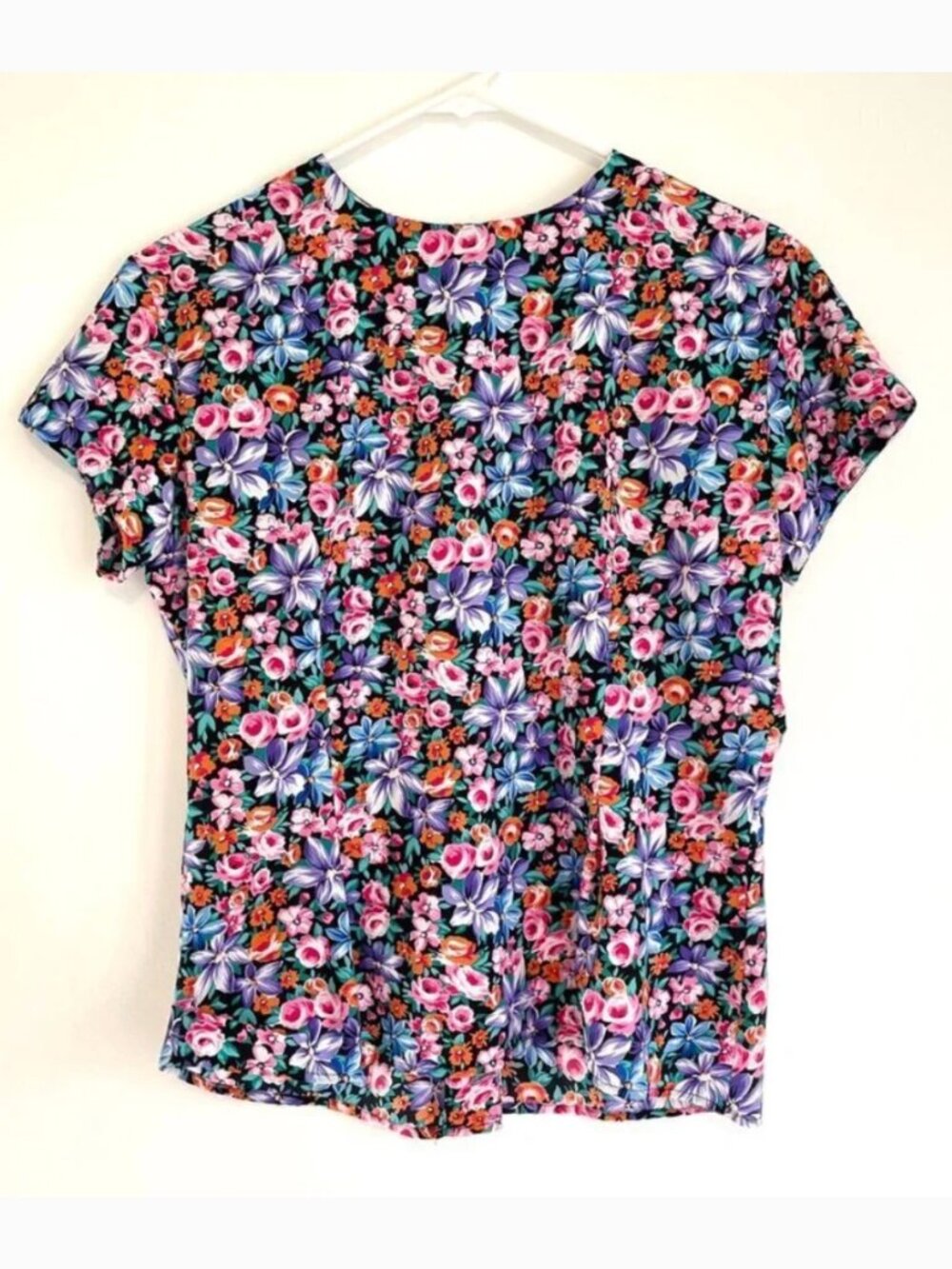 VINTAGE J H COLLECTIBLES Black Pink Multi Floral Short Sleeve Blouse PETITE 6P